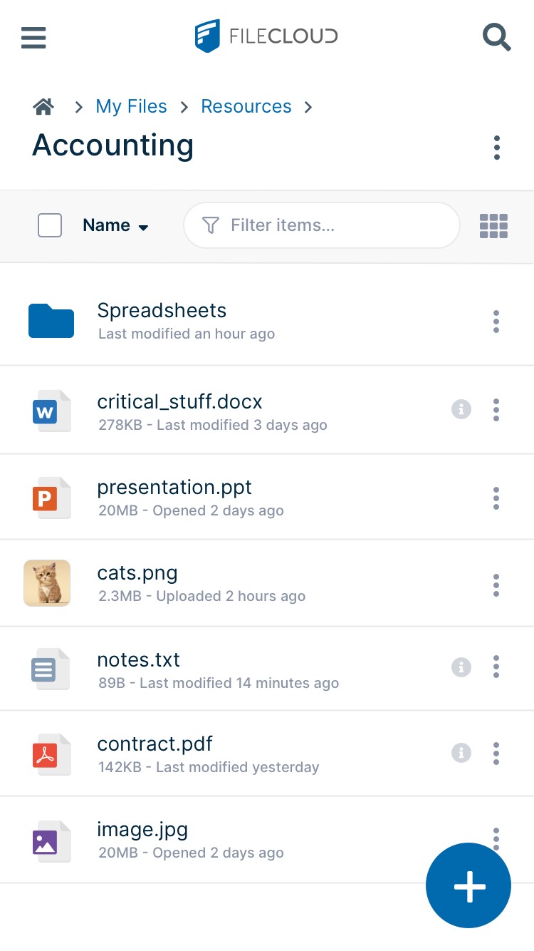 FileCloud Android App Screenshot For Sub-Folder