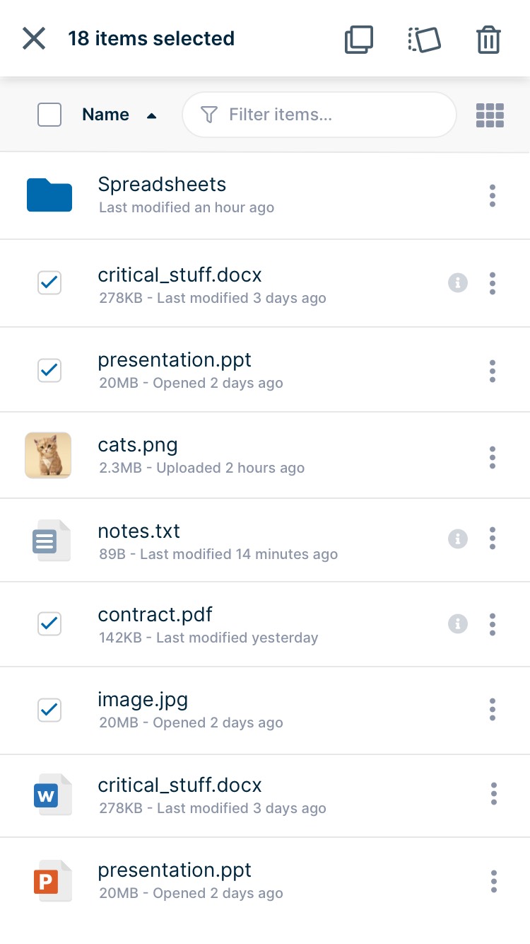 FileCloud Android App Screenshot For Selected Items
