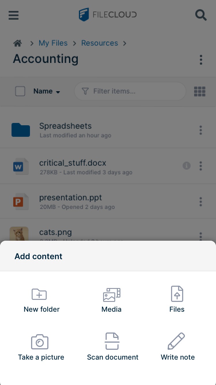 FileCloud Android App Screenshot For Add Content