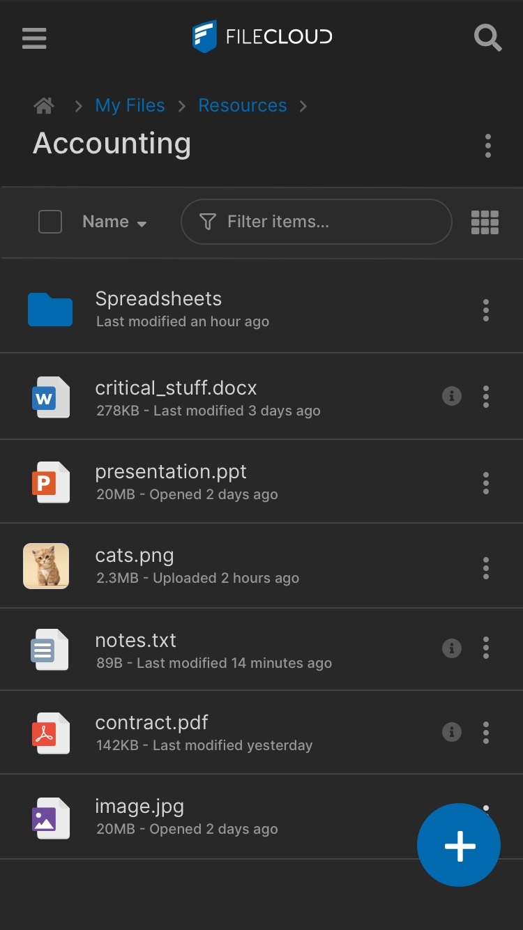 FileCloud Android App Screenshot For Folder Mode in Dark Mode