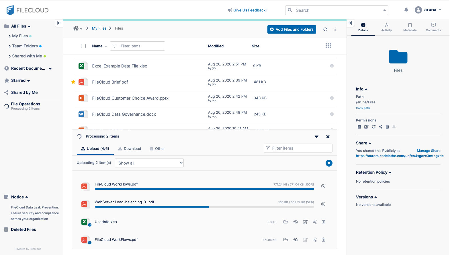 FileCloud Desktop App Files Upload Screenshot