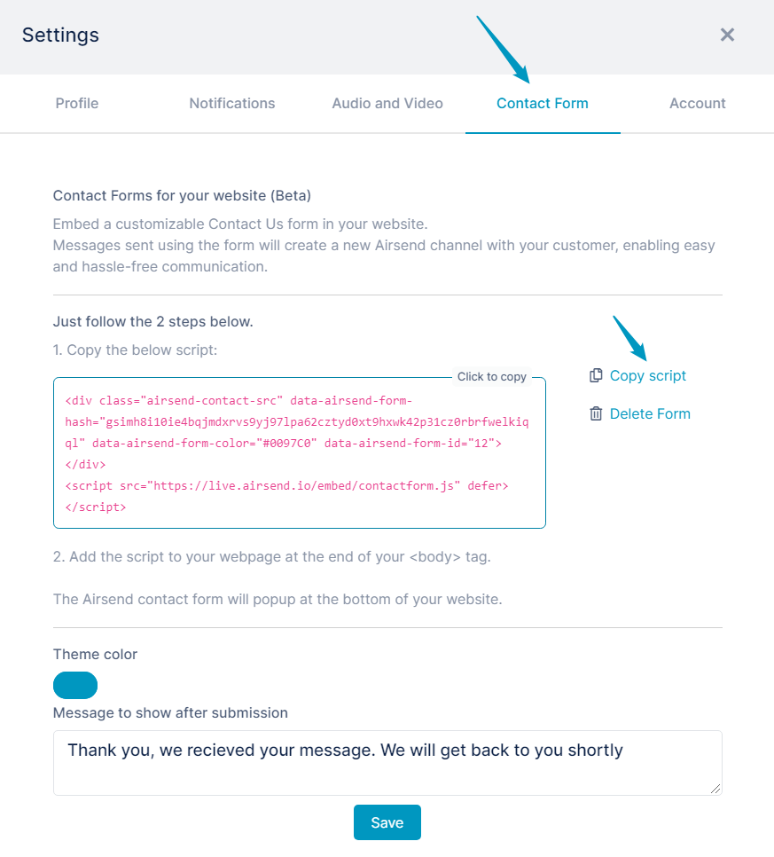 Creating Channels from Contact Forms - AirSend - FileCloud Support