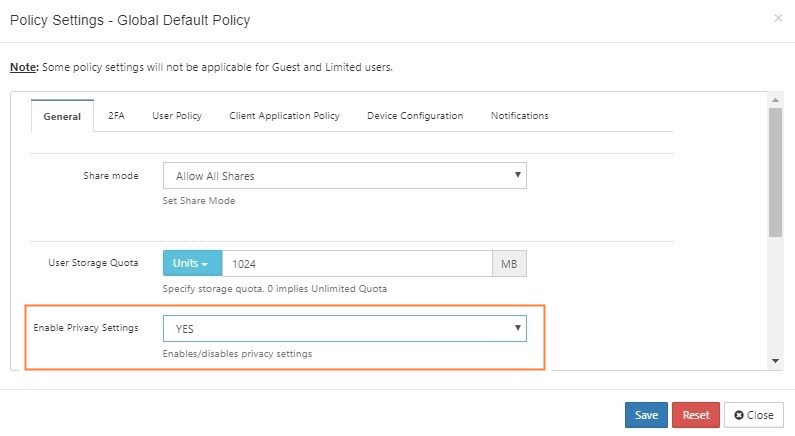 Enable Privacy Settings in policy