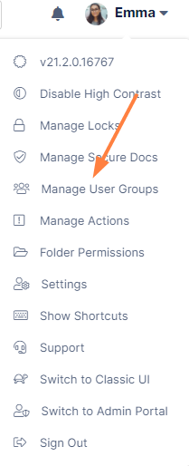 Manage User Groups navigation in user drop-down