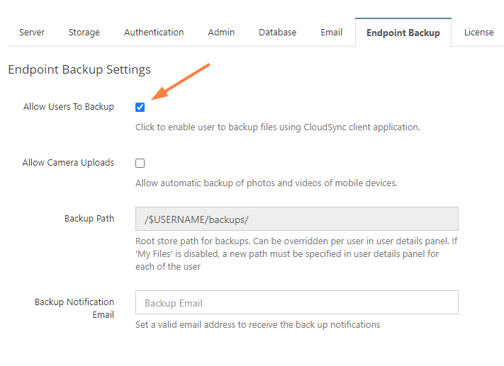 Endpoint Backup Setting