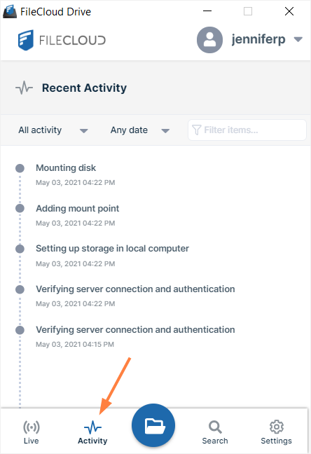  Recent Activity screen of Drive Dashboard