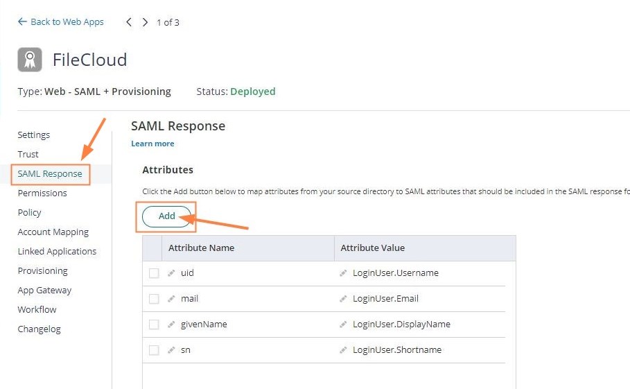 In Web App SAML Response screen in Cyberark click Add