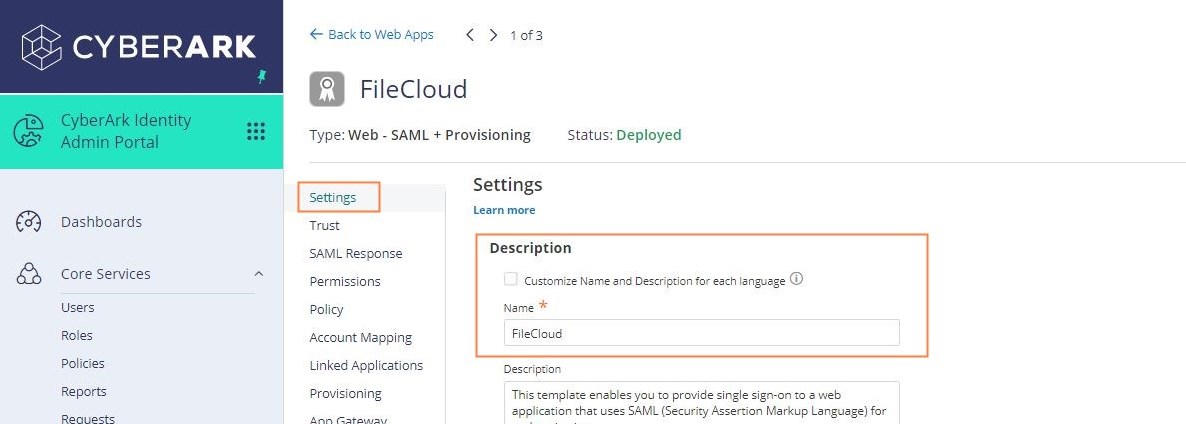 In Cyberark, enter a Settings Description