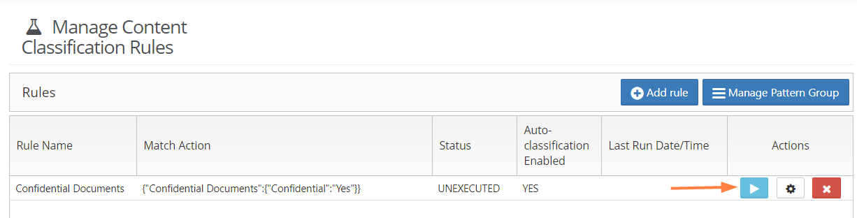 Manage Content Classification Rules screen, manual run button