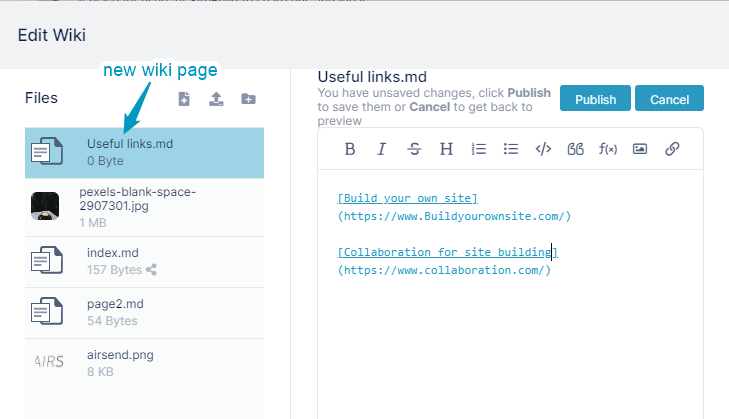 AirSend > Adding additional pages to the wiki > ASNewWikiPage.png (New wiki page in Files panel) New wiki page in Files panel