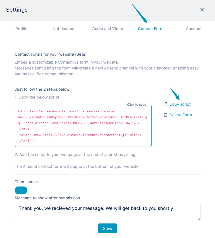 Settings dialog box, Contact Form tab Settings dialog box, Contact Form tab