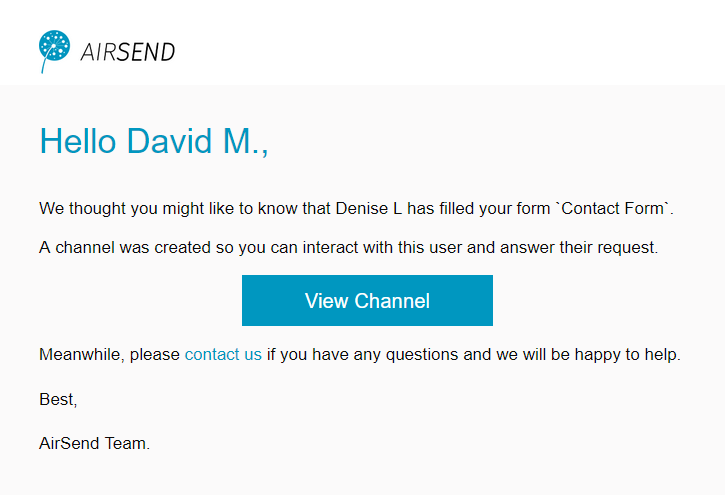 Message that contact form has been filled in Message that contact form has been filled in