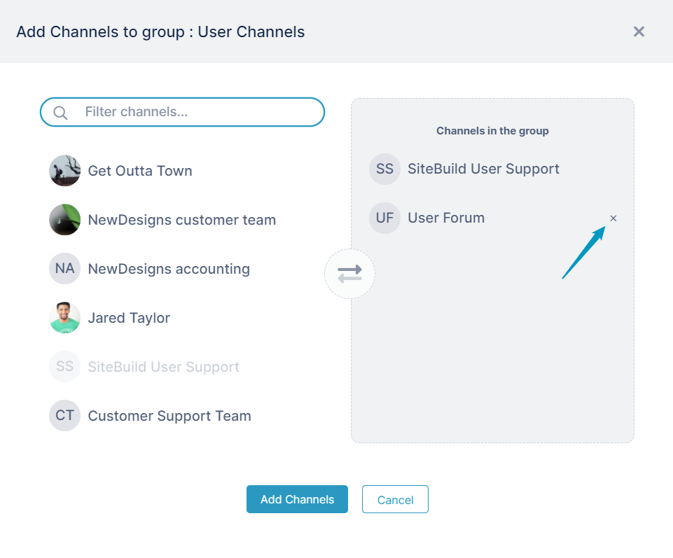 Add Channels to group dialog box
