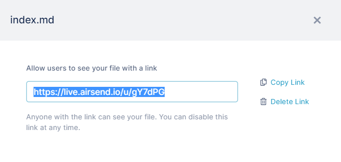 AirSend > Share Your Wiki Content > AS_Copy_Wiki_Link.png (Copy/delete wiki link dialog box)